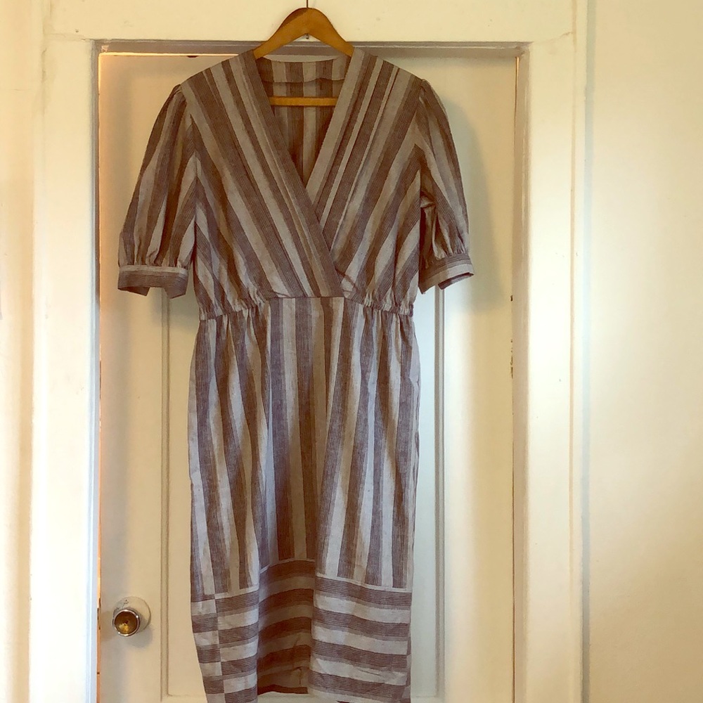 Vintage Grey Striped Linen Dress, Size M/L